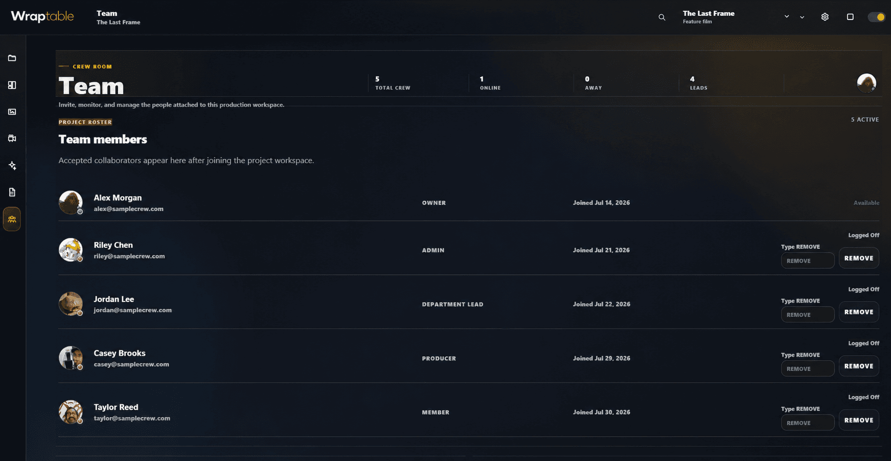 Wraptable team workspace with fictional crew information