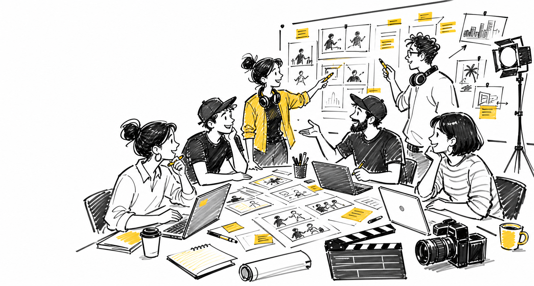 Whiteboard sketch of a film team planning around a table