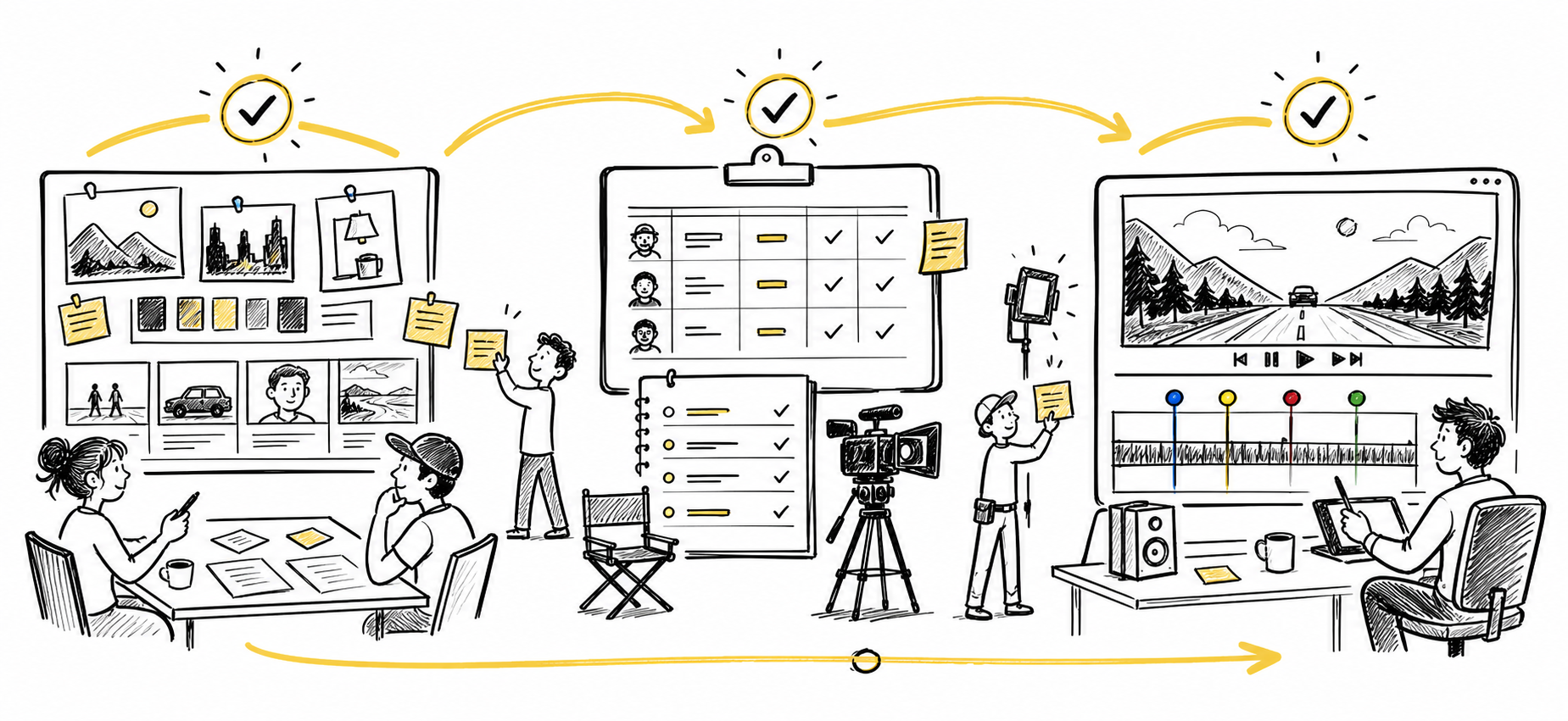 Whiteboard workflow sketch connecting production phases